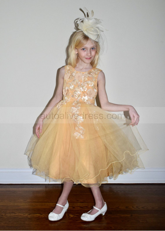 Beaded Golden Yellow Lace Tulle Curly Hem Flower Girl Dress